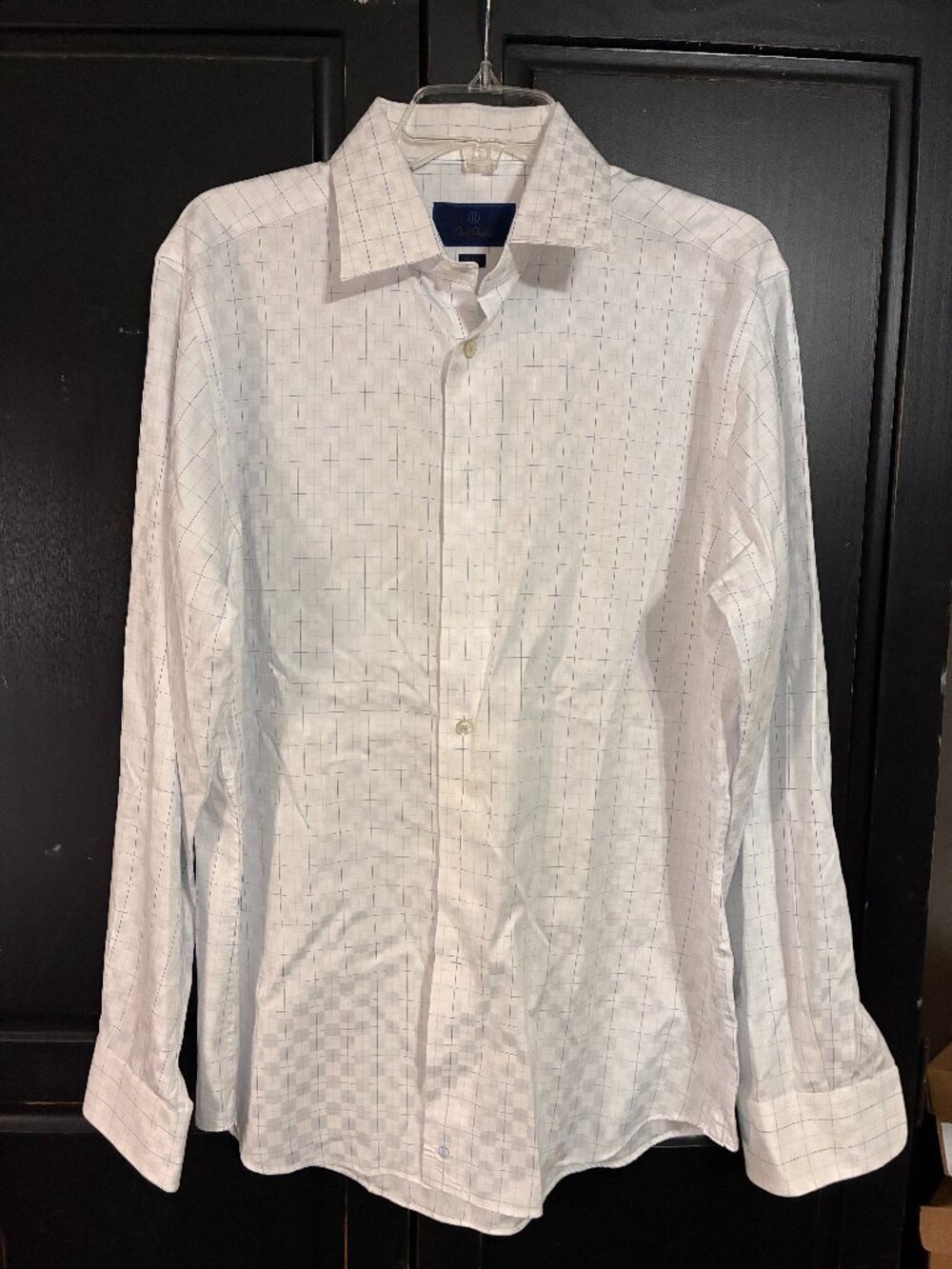 David Donahue Dress Shirt 16.5 34/35 L Blue White Plaid Trim Fit Preppy Office